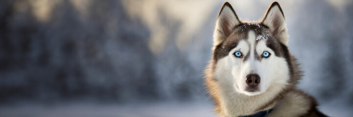 Siberian husky outdoor portrait with winter background - obrazy, fototapety, plakaty