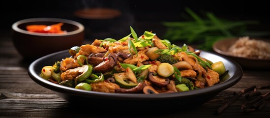 Chinese stir-fry with marinated pork, cucumber, egg scramble, scallions, mushrooms. - obrazy, fototapety, plakaty