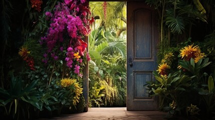 a colorful door as the focal point, surrounded by lush greenery, capturing the essence of a hidden garden paradise.