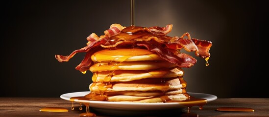 A tower of pancakes with butter, syrup, and bacon strips. - obrazy, fototapety, plakaty