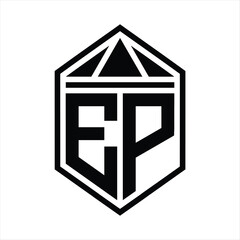 EP Letter Logo monogram simple hexagon shield shape with triangle crown isolated style design