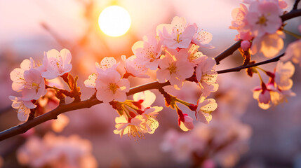 梅の花のアップ、太陽と梅の花の春の風景