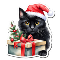 Watercolor Christmas black kitten. Cat in red hats with Christmas toys and gifts. Sticker