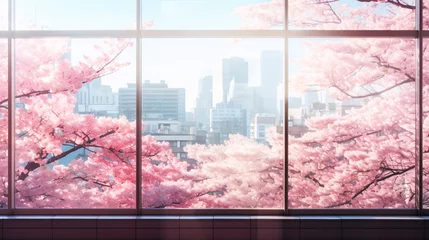 Foto op Plexiglas 春の風景、窓の外の満開のサクラの花  © tota