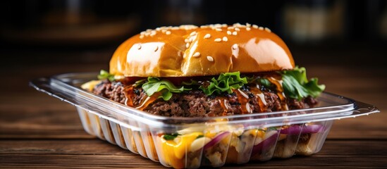 Closeup shot of homemade juicy beef cheeseburger in a disposable plastic box on a wood table. - Powered by Adobe