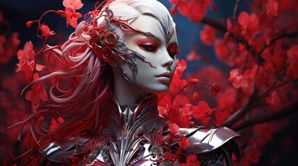 Futuristic Fantasy: Cyber Woman with Floral Red Aesthetic