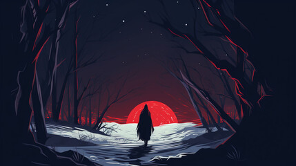 恐ろしい冬の森で見知らぬ人に遭遇する赤いマントを着た人物GenerativeAI - obrazy, fototapety, plakaty