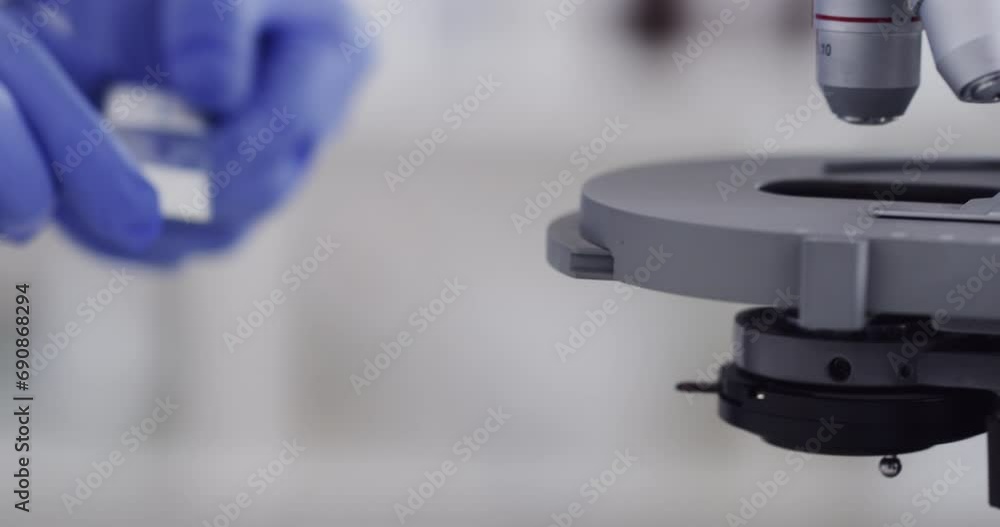 Poster science, microscope and slide with hands of person in laboratory for experiment, vaccine and healthc