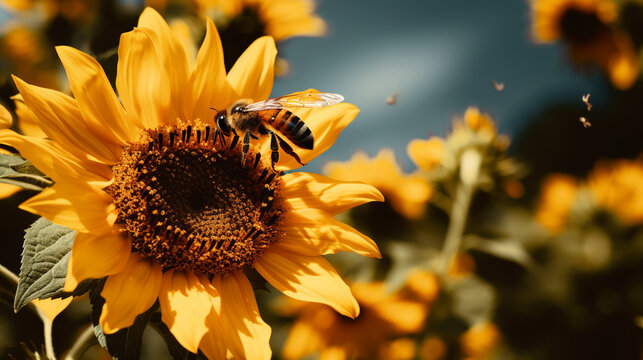 A close-up photograph capturing a sunflower with a bee perched upon it