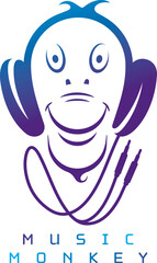 Music Monkey Vector Logo with Headphones on Years with Big Smile.