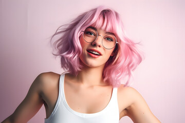 Young woman with pink hair dancing and having fun