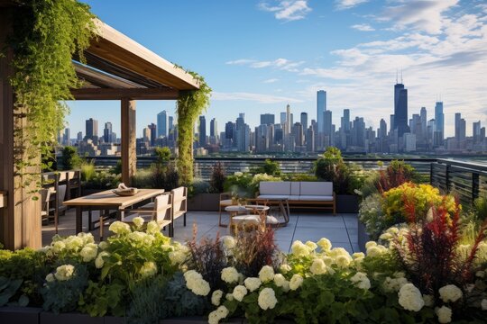 Photo of a contemporary urban rooftop garden with lush greenery and city views. Generative AI
