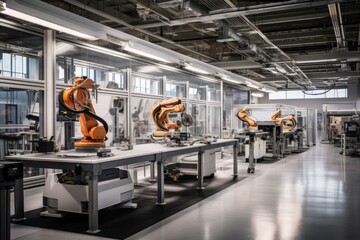 Photo of a cutting edge robotics laboratory. Generative AI