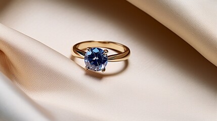 a golden engagement ring presented in a deep blue ring box set against a clean white canvas.