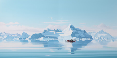 Canoe floating in Calm clear water with icebergs