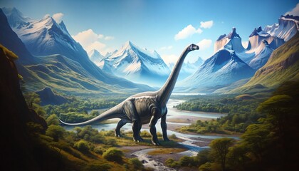  A large Diplodocus in a mountainous landscape - obrazy, fototapety, plakaty