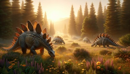 A Stegosaurus family grazing in a meadow at dawn