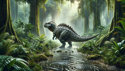 A dinosaur in a rainforest - obrazy, fototapety, plakaty