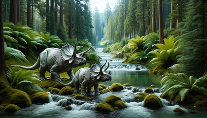 Two Triceratops by a river - obrazy, fototapety, plakaty