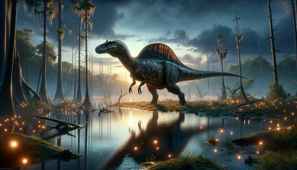 Wandcirkels aluminium A Spinosaurus near a swamp at twilight © Nicko