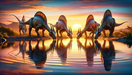 Group of Parasaurolophus drinking at a watering hole - obrazy, fototapety, plakaty