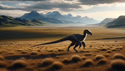 A lone Gigantoraptor roaming across a vast grassy plain - obrazy, fototapety, plakaty