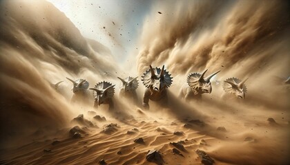 A group of Triceratops in a dust storm