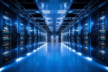 Photo of a high-tech data center with rows of servers and advanced cooling systems. Generative AI - obrazy, fototapety, plakaty