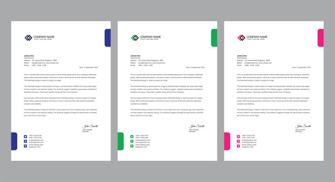 corporate modern letterhead design template with 3 color. official minimal creative abstract professional newsletter corporate modern business proposal letterhead template.