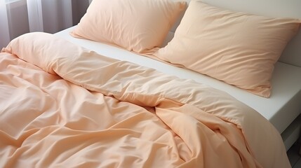 Fototapeta na wymiar Elegant satin sheets in soft light, luxury and sophistication in the bedroom, peach fuzz color tones