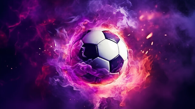 Fiery soccer ball in purple flames