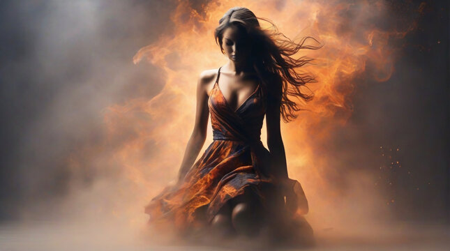 a modern abstract background with burst smoke with fire, in that fire a silhouette female model in a dress in that burst of smoke, dust and fire, bomb blast, show speed, side angle