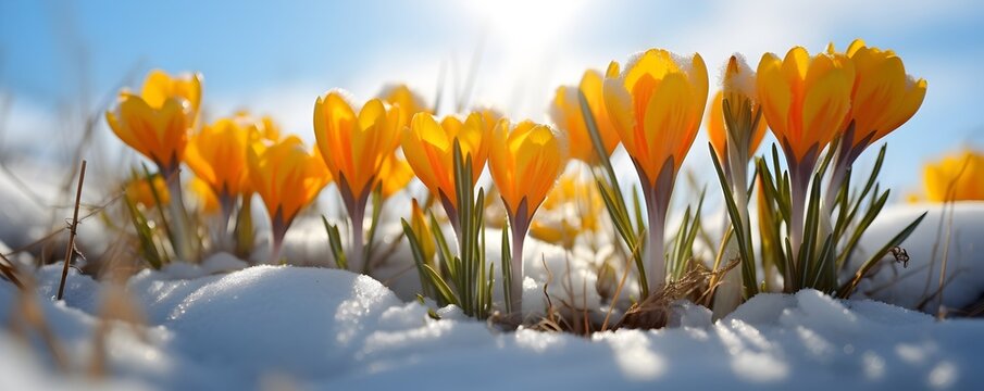Golden crocuses piercing through snow at sunset, heralding the arrival of spring