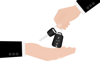 Hand Holding and Giving Car Key. Buying Car or Renting Car Concept. Vector Illustration. 