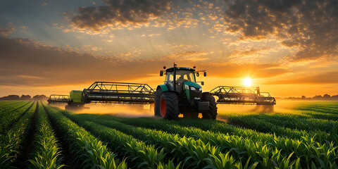 Tractor Spraying Pesticides on cornfield Plantation at Sunset. - obrazy, fototapety, plakaty