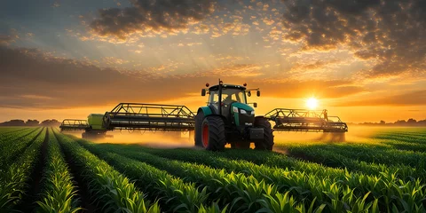 Cercles muraux Tracteur Tractor Spraying Pesticides on cornfield Plantation at Sunset.
