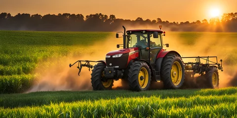Crédence de cuisine en verre imprimé Tracteur Tractor Spraying Pesticides on cornfield Plantation at Sunset.