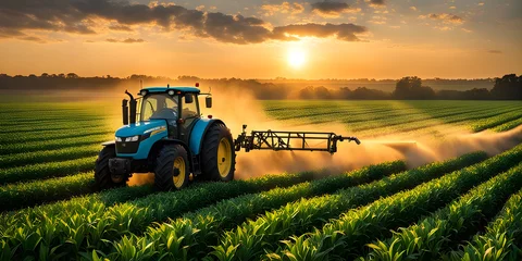 Rolgordijnen Tractor Spraying Pesticides on cornfield Plantation at Sunset. © Smile Studio AP