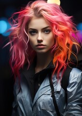 Urban Fantasy: Vivacious Pink-Haired Beauty in City Lights 