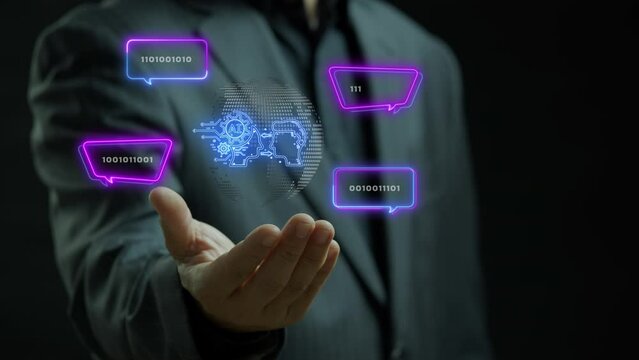 Businessman shows AI icon provide access information, digital chat bot concept. Artificial intelligence, machine learning concept, big data, cloud computing, computer network and innovation technology