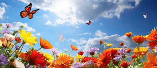 Fototapeta na wymiar Butterflies gracefully adorning vibrant flowers in a scenic natural setting beneath a sunny sky.