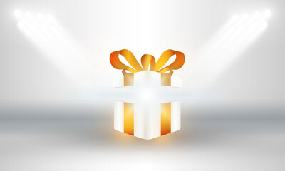 Abstract Bright stadium lights open gift box with merry christmas bright rays of light mystery box with lighting glitter on dark background. vector illustration