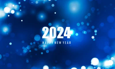 Keuken spatwand met foto Abstract bokeh light blue technology polygon Happy New Year 2024 of symbol vector design. © photoraidz
