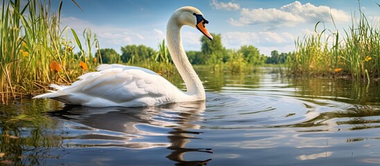Conservation of biodiversity in Danube delta with a graceful swan. - obrazy, fototapety, plakaty