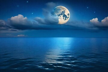 **romantic moon with clouds and stary sky over sparking blue water