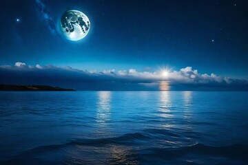 romantic moon with clouds and stary sky over sparking blue water - obrazy, fototapety, plakaty