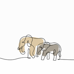 Continuous one line drawing of two elephants on a white background.
