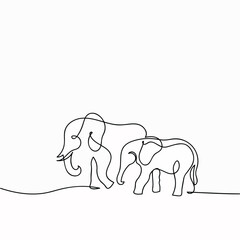 continuous line drawing of elephant and elephant. Vector illustration. Minimalism.