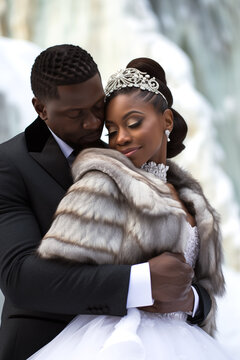 Amidst a winter wonderland, an elegant bride and groom share a tender moment, their attire and the snowy backdrop creating a timeless scene of love and sophistication. (AR 2:3)