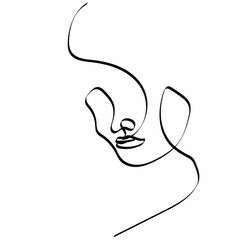 Continuous one simple single abstract line drawing of a woman face silhouette on a white background. Linear stylized.